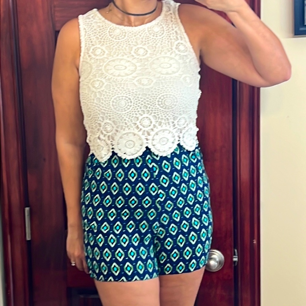 White crochet top, navy blue bottom romper - size Medium.